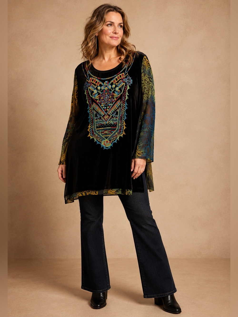 Caleesa XL Black Velour Embroidered Sheer Sleeve Boho Tunic Made USA